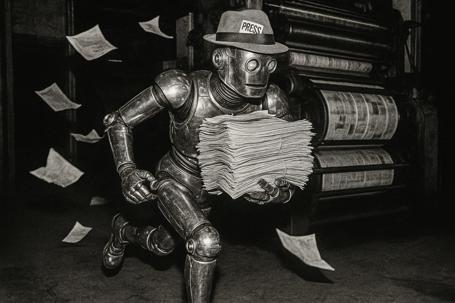 A chrome robot in a PRESS fedora sprints out of the printing works clutching a bundle of fresh newspapers, loose pages flying.
