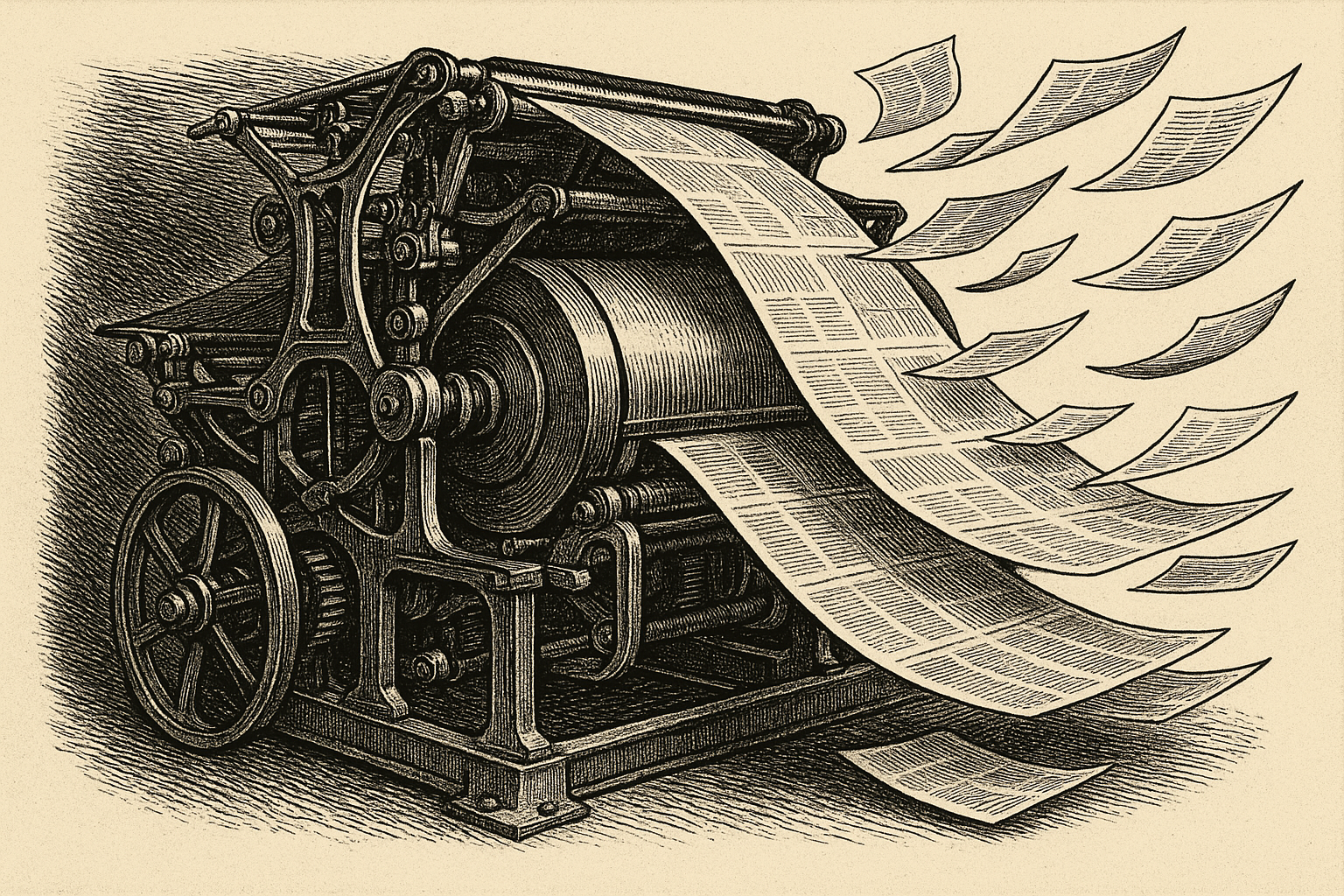 Antique engraving of a rotary newspaper press, sheets flying off the cylinder