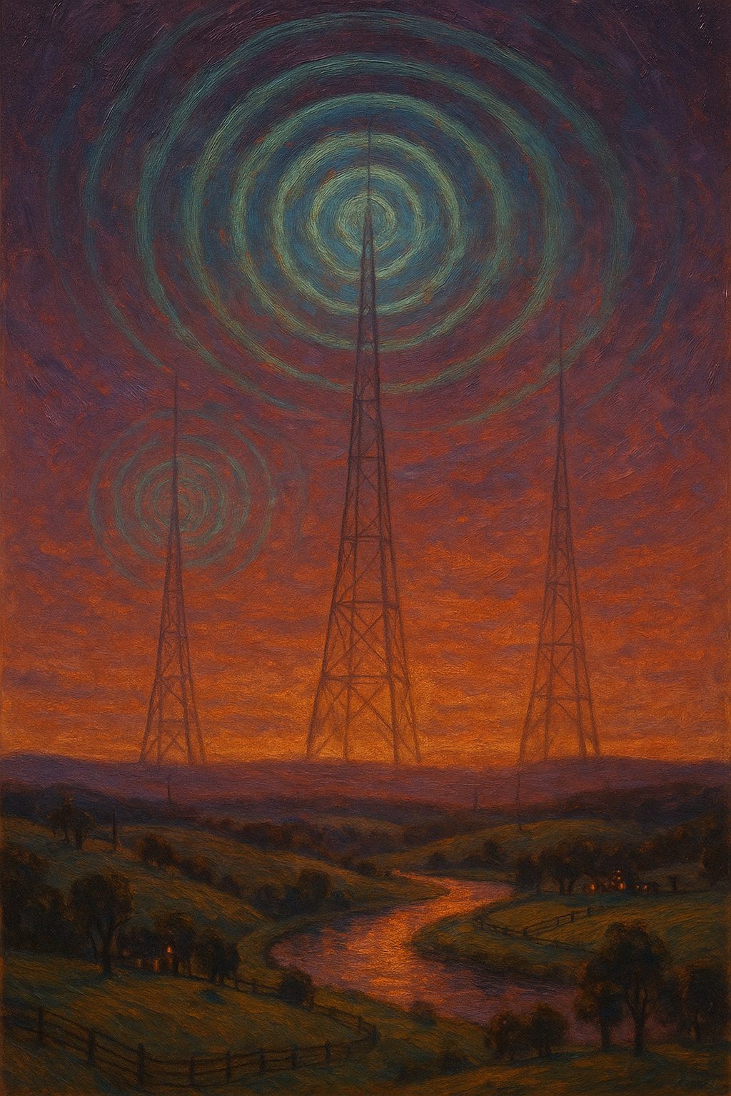Oil painting: three radio masts rise over a Kentucky river valley at dusk, broadcasting concentric ripples of signal into a plum and persimmon sky.