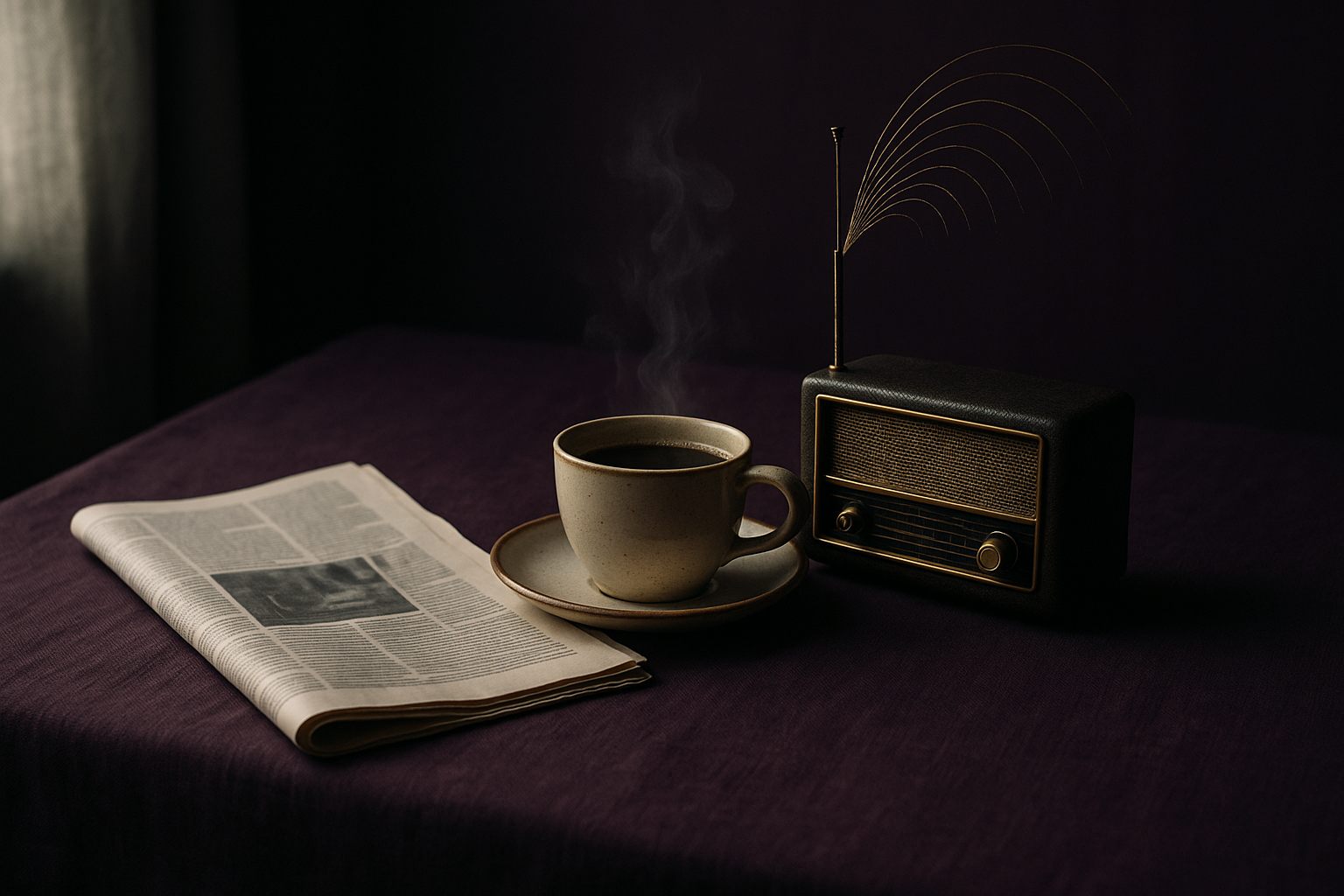 Still life on aubergine linen: a folded newspaper, steaming coffee, and a small brass radio whose antenna traces gold arcs of signal.