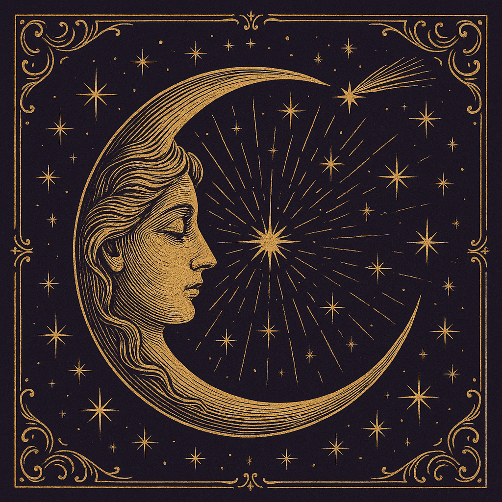 Gold engraving of a crescent moon with a serene face, surrounded by stars and a comet